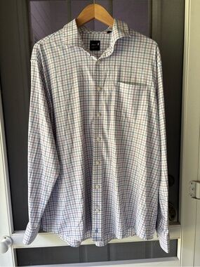 johnnie-O Men's White Button-Down Shirt with Blue and Lavender Windowpane
